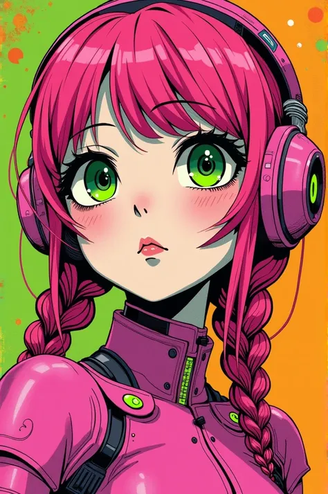 ((best quality)), ((masterpiece)), (detailed), perfect face of cyberpunk mecha japanese girl, neon pink body, neon pink braided hair, big neon lime green eyes, ((monochromatic neon pink, orange and lime green color palette)), surreal, art nouveau, in the i...