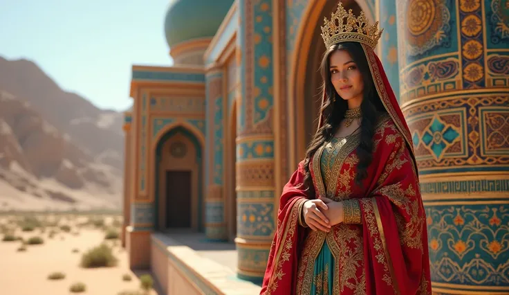 An Uzbek princess in a richly decorated traditional chapan, standing near an ornate mosque with colorful tilework. Her crown is inspired by Central Asian designs, and the desert landscape contrasts with the vibrant blue and gold architecture.