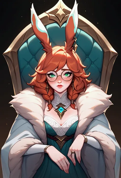 score_9, score_8_up, score_7_up, Aurora (league of legends), 1 girl, bright green eyes, white hair, bunny ears, round glasses, freckles, sexy, full body, ruined queen (league of legends), squinty eyes, earrings, long eyelashes, sexy, big bust, beautiful fa...