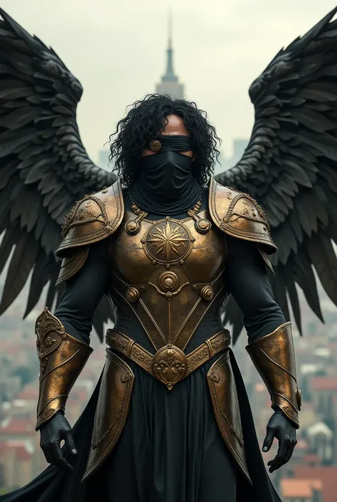 Dark Male Angel, black curly hair, blindfolded
, bronze armor, with 4 wings, maternal with details and a city in the background