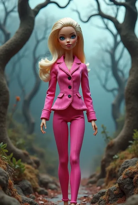 The blonde and blue-eyed Barbie doll, dressed in a pink suit if she was part of the  bride or the strange world of jack from the perspective of tim burton