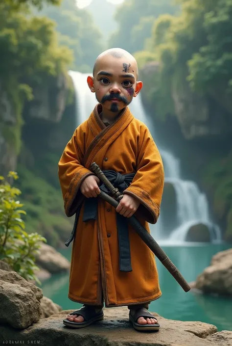 Generates a human about 1 meter tall, half monk addicted to street fighting, with a sword scar across his left eye, A slightly bald man dressed as a Shao&#39;n Lin monk with a mustache and bushy eyebrows