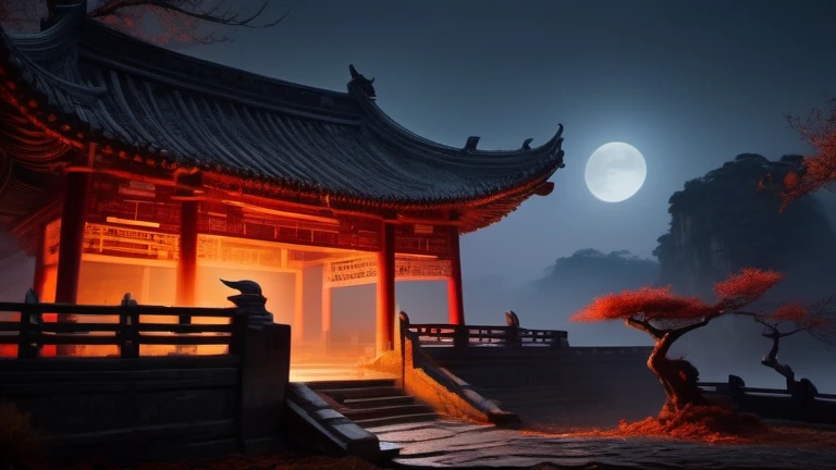 ((((ox)))、(((chicken)))、（ancient China）、Dark and mysterious,Twisted branches,Fog hung in the air,The moonlight illuminated the scene,dark palette,Subtle orange and red,Crumbling stone building,Remote location,Mysterious Aura,Hauntingly beautiful.(Highest q...