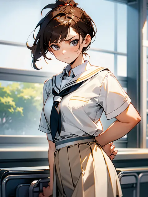 Female, short brown hair, ponytail, school uniform, white blouse, grey skirt, annoyed expression, cafeteria.