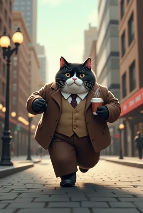 A chubby fat black and white cat is hurrying to work with a coffee in his hand in a brown suit and on the street