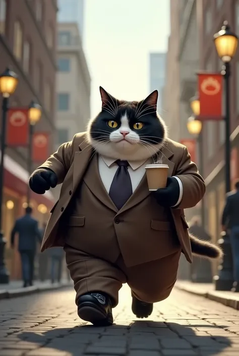 A chubby fat black and white cat is hurrying to work with a coffee in his hand in a brown suit and on the street