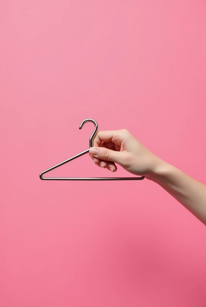 tiny hand holding hanger in pink background