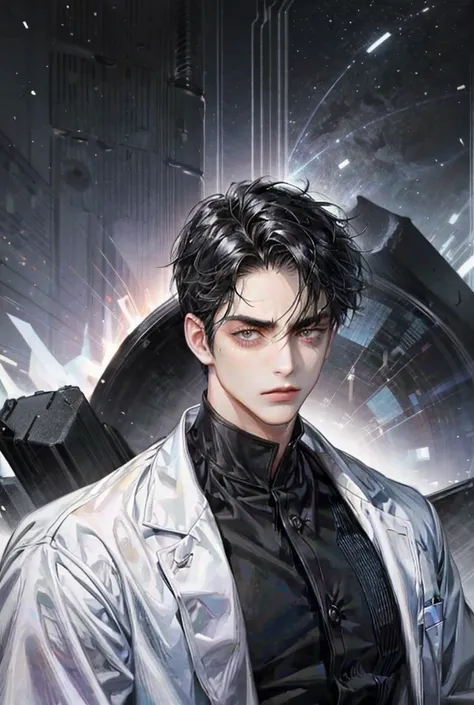 high resolution, Black hair man, A doctor with sharp, cold eyes 
