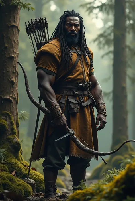 Realistic image of handsome black medieval hunter son of the forests with dreadlocks and short beard equipped with bow and scimitar 