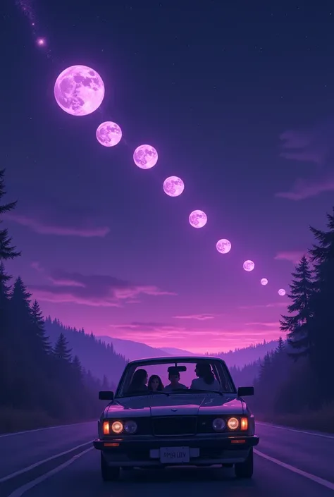 There is a car driving down a road and in it is a female driver with 3 passengers. They look out the windshield and can see a Large light purple gradient moon, there are 6 purple gradient smaller moons in a diagonal line going across the front of the large...