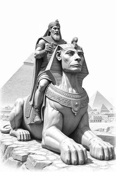 Make a  picture from an egypt Pharao riding an Sphinx . Pencil drawing . Pharao with a Beard Holding a Glass of Beer 
