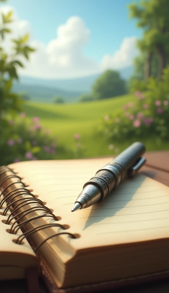 An old writing pen lies on a notebook and looks at a beautiful day. 
