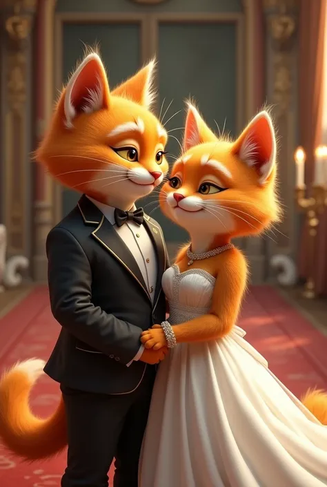 A furry orange cat couple is marriage in tha palace .they look onto each other with believe and love and short smile  .they both have yellow eyes. male cat have muscular body and wear formal suit and female cat wherae white marriage dress. detailed eyes an...