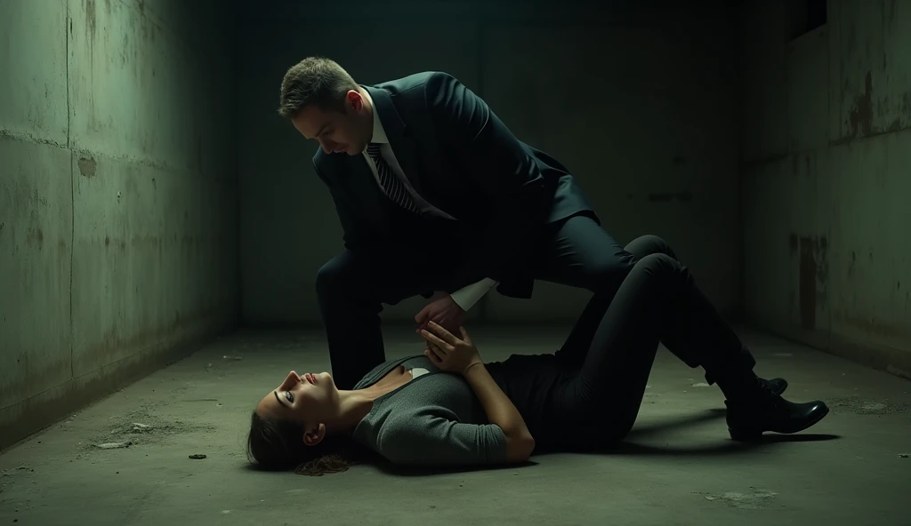 Realistic shot on film widescreen view of a women being held down by a man in a black business suit on a dirty cement floor in an abandoned room of a building dim lighting 