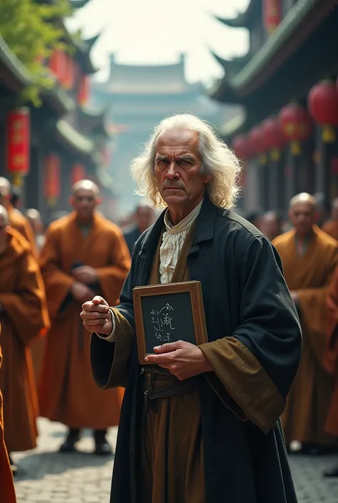 real scientist isaac newton is angry and showing a small black board standing middle of a chinese street with some greenery and monks around 