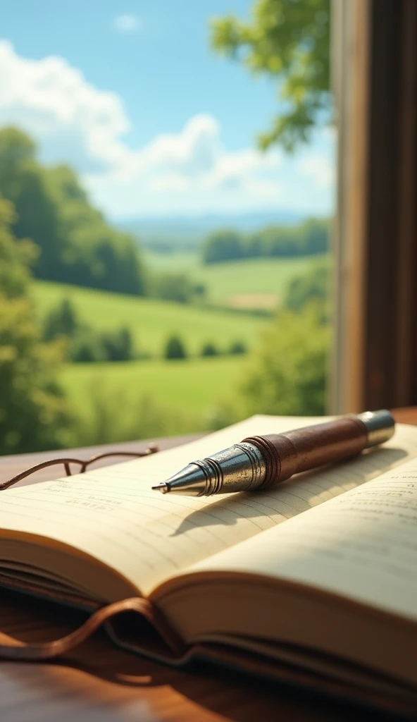 An old writing pen lies on a notebook and looks at a beautiful day. 
