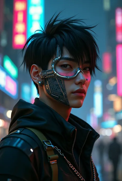 black hair man, cybernetic features on the face. Cyberpunk 2077 features and design.