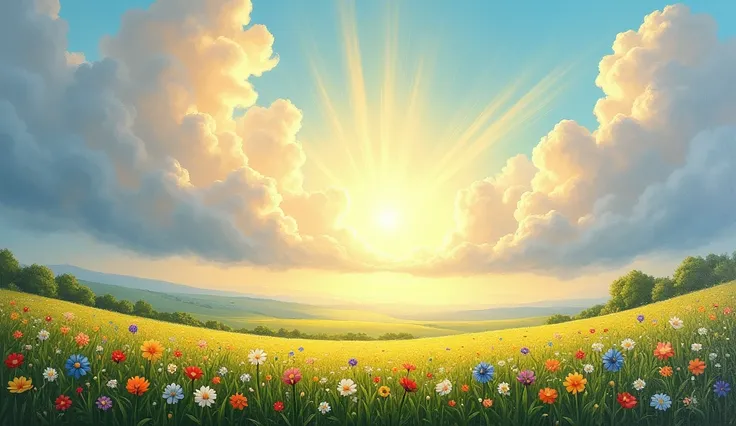 oil painting, Beautiful landscape, Sun rays between the clouds, colorful flowers