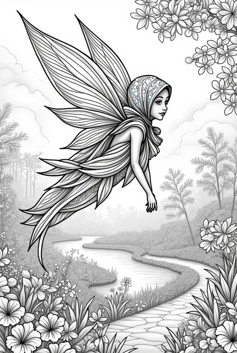 coloring page of a fairy with a headscarf, covering the entire scalp flying over a garden.