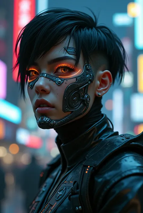 black hair man, cybernetic features on the face. Cyberpunk 2077 features and design.