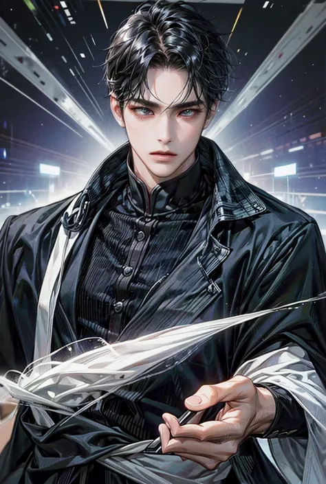 high resolution, Black hair man, A doctor with sharp, cold, tall eyes.
