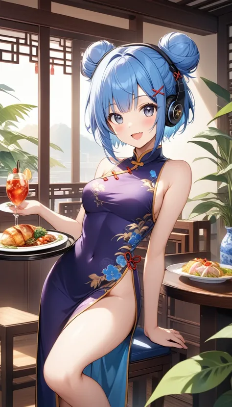 1girl, solo, looking at viewer, blush, smile, open mouth, short hair, bare shoulders, medium breasts, blue hair, thighs, :d, food, indoors, hairclip, hair bun, grey eyes, bare arms, sleeveless dress, covered navel, double bun, headphones, chinese clothes, ...