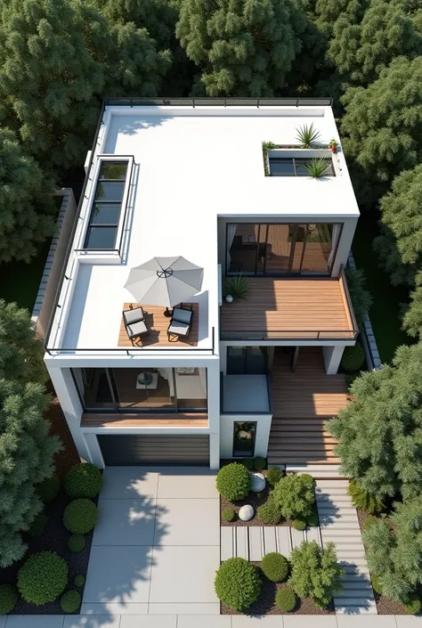 I want two floor home with full landscape design.
Use wood,grey and white texture
With side  and front elevation details
Try white colour
Arial view
Show Both front and left side