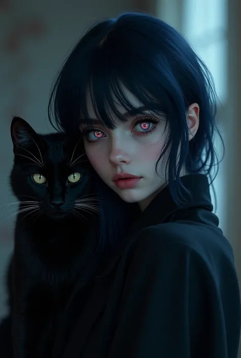  with very dark blue hair that appears to be black, with light pink eyes, with a black cat 