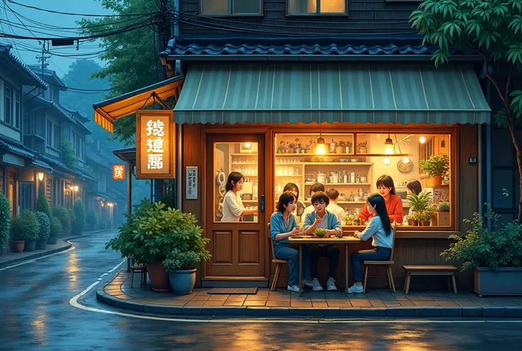 line-art painting of an coffee shop at the corner of the town the little wooden hanging sign say "Green Cafe",the crowded customers sitting at the tea shop under the pale stripped awning ,warm lit in the shop , streets are wet by the rain,90 vibe asian tow...