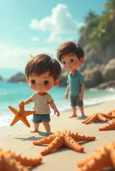 A boy returning a starfish from a beach carefully to an ocean and a man behind watching him from far away and asks him why is he doing that
. There are many starfishes on the beach
 realistic image