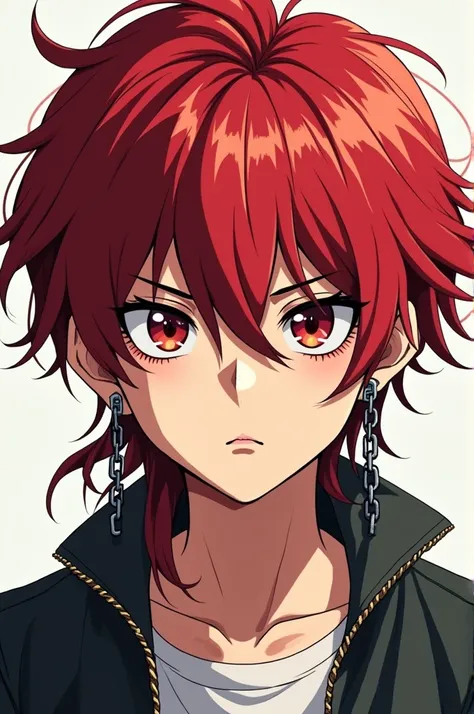 Make me a picture, of a boy with mullet hair his blood red hair, 2d anime drawing type, with earrings like chains and  , su rostro debe mirar asi 😑 ojos achinados y boca recta