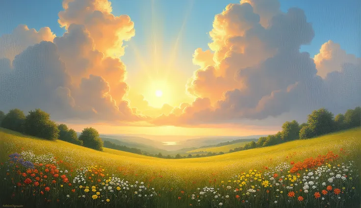 oil painting, Beautiful landscape, Sun rays between the clouds, green meadows, colorful flowers