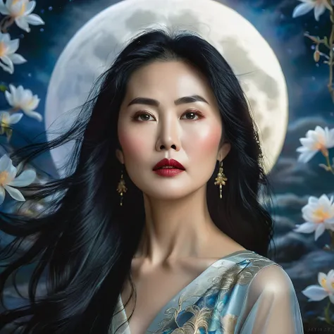 a beautiful middle-aged asian woman, long black hair, detailed face, detailed eyes, detailed lips, serene expression, moon in the background, ethereal, fantasy, oil painting, dramatic lighting, dramatic mood, vivid colors, cinematic, award-winning, masterp...