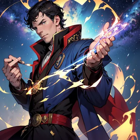 Benedict Cumberbatch as doctor strange , as mature man , hunk and handsome, doing magic tricks , background dark starry blue  sky 