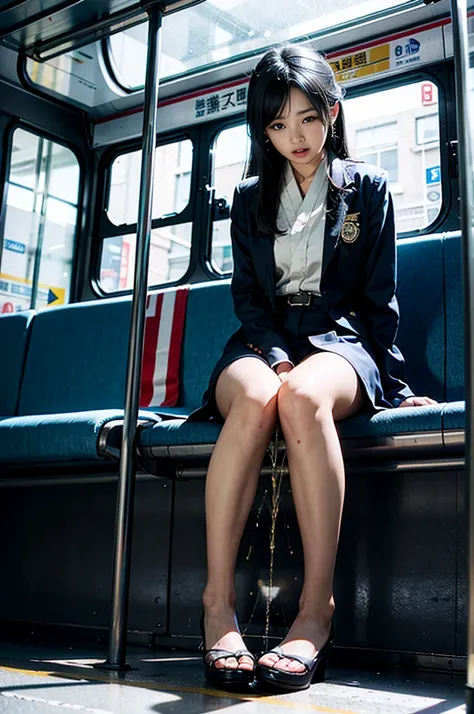 女性バスガイドがPee leak、He put his foot on the bus ramp and lost control、Pee leak、peeing herself、A lot of pee、From below、Gaze at the audience、uniform、holding a flag in one hand、Perfect figure、Very beautiful、Japanese women、Black Hair、The bus guide is surrounded by...