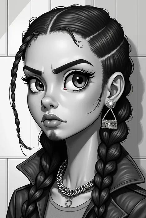 Create a grayscale cartoon using only light and shadow, focusing on the details of the braids close to the scalp, in the expressive eyes, well-defined eyebrows, e barba/defined goatee. Capture the serious facial expression and highlight the earrings and th...