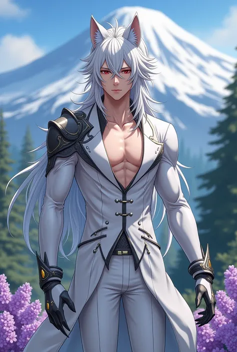 Realistic anime style drawing of young adult, with white hair down to the shoulders, Red eyes, clear skin, white wolf ears, white wolf tail, short black claws, elegant white suit with grey details, along with his metal shoulder pads, make it muscular. In t...