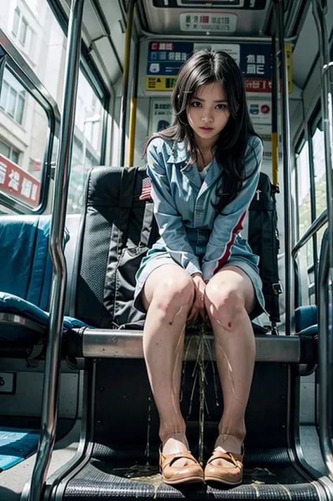 女性バスガイドがpee leak、he put his foot on the bus ramp and lost control、pee leak、peeing herself、a lot of pee、from below、gaze at the au...