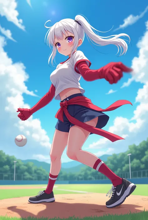 HD、Animation style、white hair 、Purple Eyes、girl、High school student 、single ponytail、Baseball player、Light color short sleeve top、Long sleeve red underwear、plump breasts、Good shape、Thin、sash、Sky、cloud、sunny、Baseball field