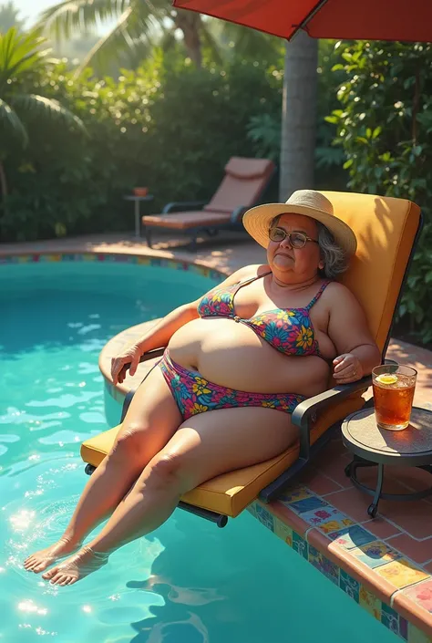 Draw an old woman, gorda, lying on your stomach, sunbathing in a bikini next to a pool