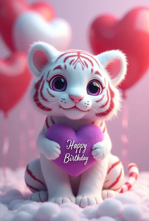 A captivating and enchanting 3D render of a with a photo young man" charming white tiger, adorned with vibrant fuchsia accents and a fluffy purple heart. The heart displays a playful, cursive message, " jumar dalumpines", and the tiger sits atop a cloud-li...