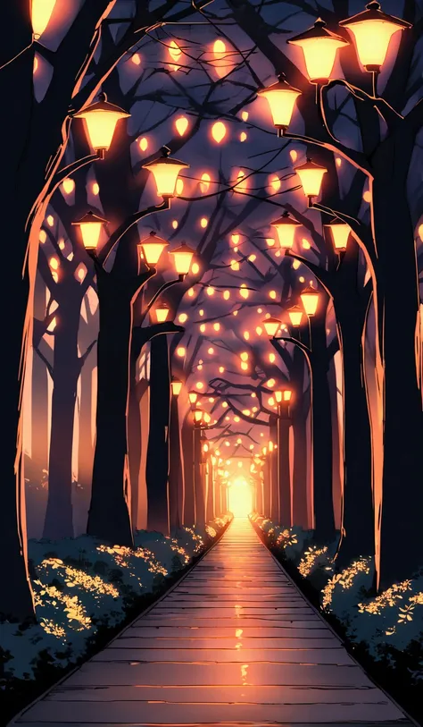 Create a japanese style anime of A tree-lined pathway in a park at dusk, lit by warm street lamps. Benches line the path, inviting a quiet moment of reflection.