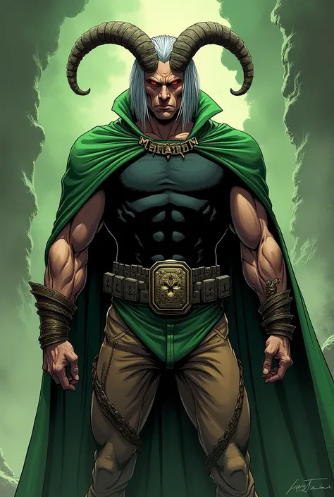 In serious DC comic style, Full figure illustration. Super złoczyńca Kazorn to połączenie człowieka z artefaktem zodiaku koziorożca. He is an athletic guy with a muscular body.. Nosi Kamienny zielony płaszcz, black t-shirt and brown stone pants, and in his...