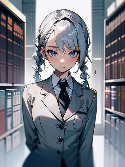 Female, silver hair, braid, school uniform, grey blazer, white shirt, black tie, calm expression, library.