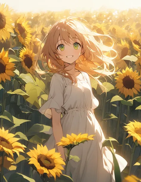 A young girl standing in a field of sunflowers under the bright sun. Her hair sways gently in the wind as she looks up at the sky with a smile. Around her, vibrant green grass and blooming sunflowers stretch out in all directions, creating a peaceful and n...