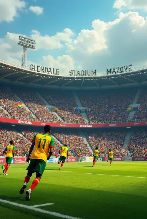 football Stadium in Glendale, Zimbabwe 
Let it be more organised like Camp nou, put an incription on entitled GLENDALE STADIUM, MAZOWE
Show the Zimbabwe National team playing with Zambia, let the supporters be celebrating 