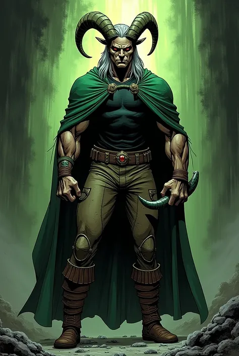 In serious DC comic style, Full figure illustration. Super złoczyńca Kazorn to połączenie człowieka z artefaktem zodiaku koziorożca. He is an athletic guy with a muscular body.. Nosi Kamienny zielony płaszcz, black t-shirt and brown stone pants, and in his...