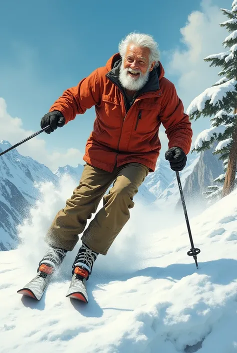 Happy and allegorical old man skiing seen from the side
