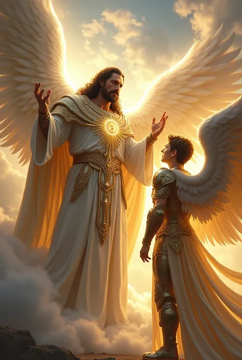 Jehovah giving order to angel with armor  