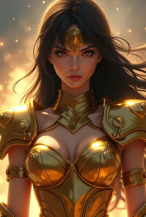 Hot donghua,a woman, white and sexy, wearing Saintseiya armor cosplay gold metal, ongoing, seductive gaze, style Image character realistic portraits digital art, High quality 3D, definition/render resolusi ultra HDR 8k.